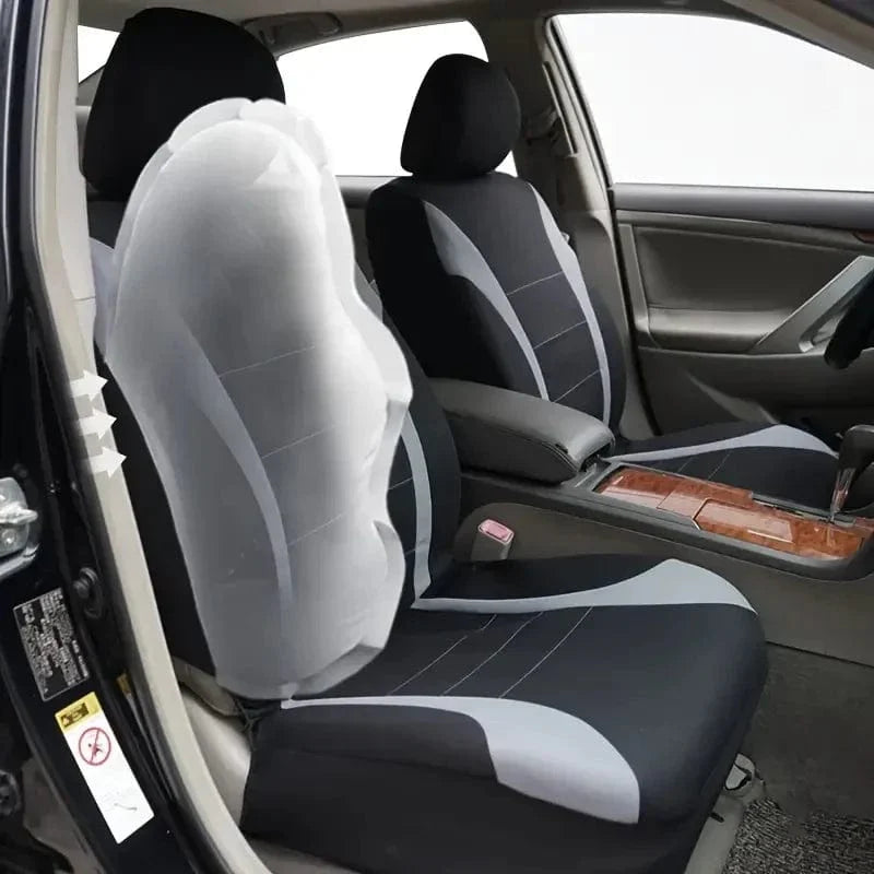 Universal Showlu cotton car seat covers for SUV and van, front and rear, protect seats with durable polyester fabric for all seasons.