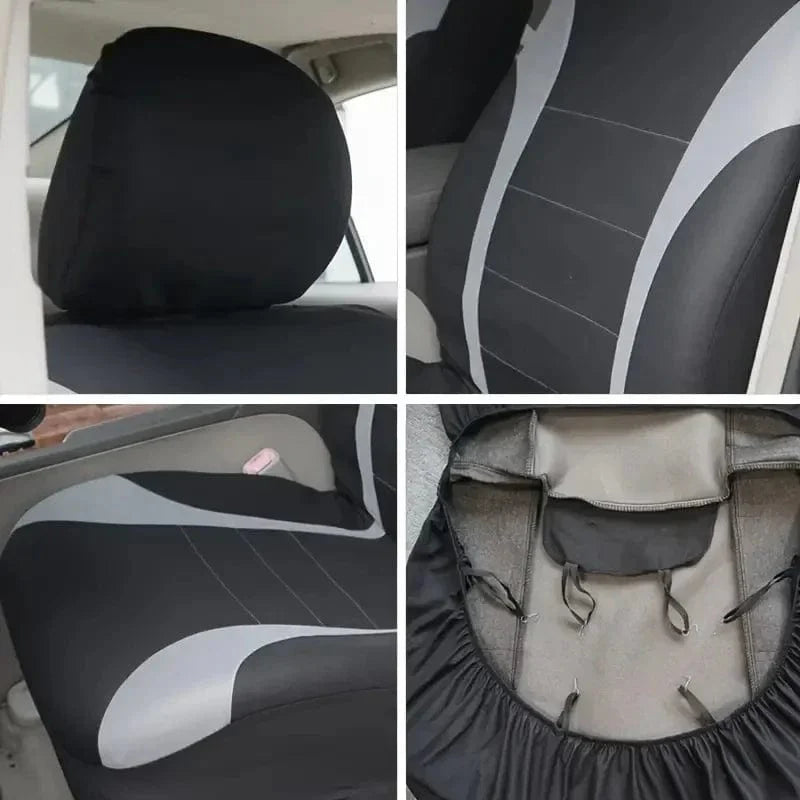 Universal cotton car seat covers for SUV and van, front and rear, made of polyester fabric for all-season protection.
