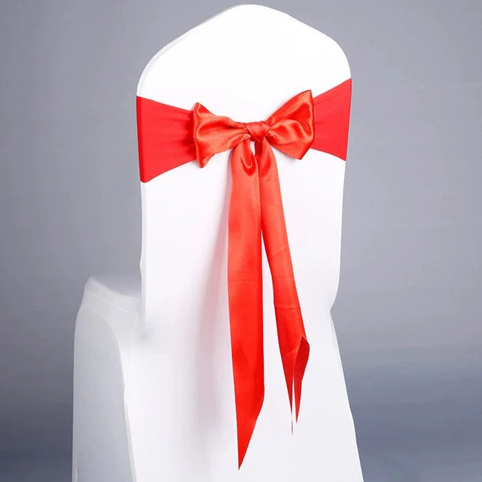 Showlu elastic Arabesquitic fabric wedding chair bows for banquet and event decor, tied around hotel or restaurant chairs.