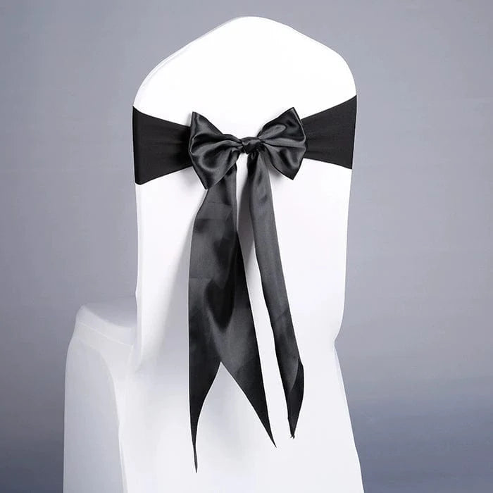 Showlu elastic Arabesquitic fabric wedding chair bows tied around banquet chair backs for elegant event decor.