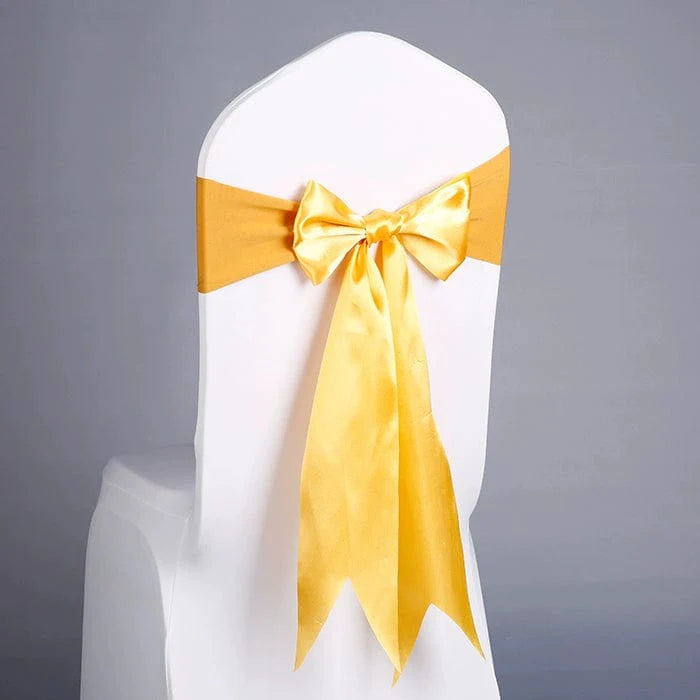 Showlu elastic Arabesquitic fabric wedding chair bow tied around a banquet chair for elegant event decor.