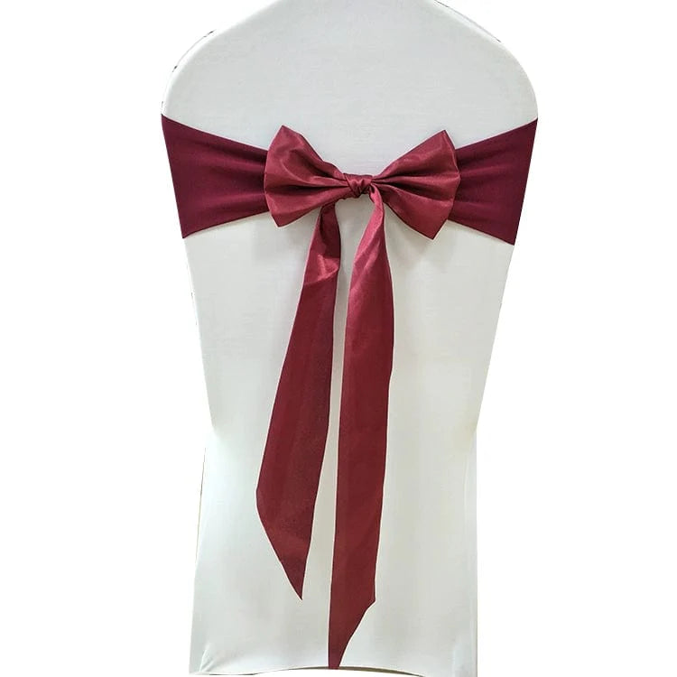 Showlu elastic Arabesquitic fabric wedding chair bows decorated on banquet chairs with elegant ribbon ties.
