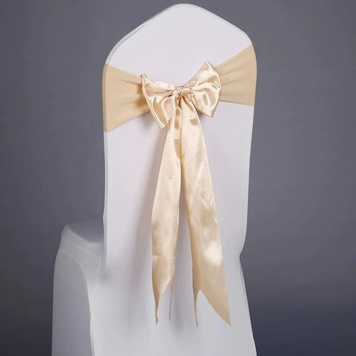 Showlu elastic arabesque fabric wedding chair bows with ribbon ties, perfect for banquet and hotel chair decor.