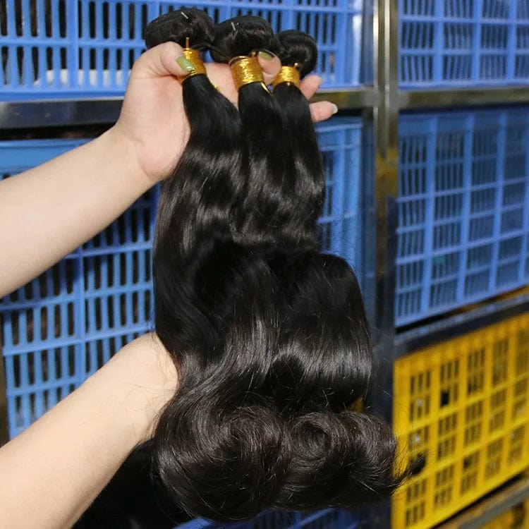 Raw Indian human hair bundle from Showlu Fashion Store, natural virgin hair extension with free shipping, showcasing the full thick bundle.