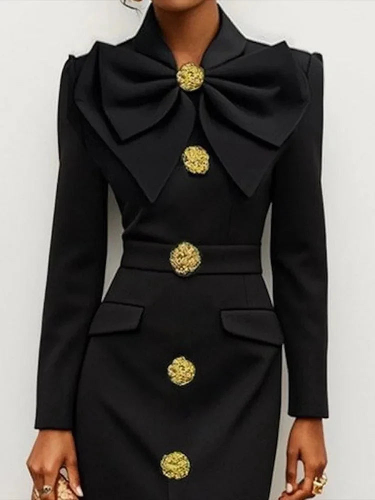 Freeacy women's formal evening dress with long sleeves, slim fit, ankle-length, featuring a bow tie and button details for elegant occasions.