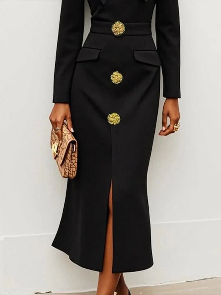 Elegant Freeacy women's formal evening dress with long sleeves, slim fit, ankle-length, featuring a bow tie and button details.