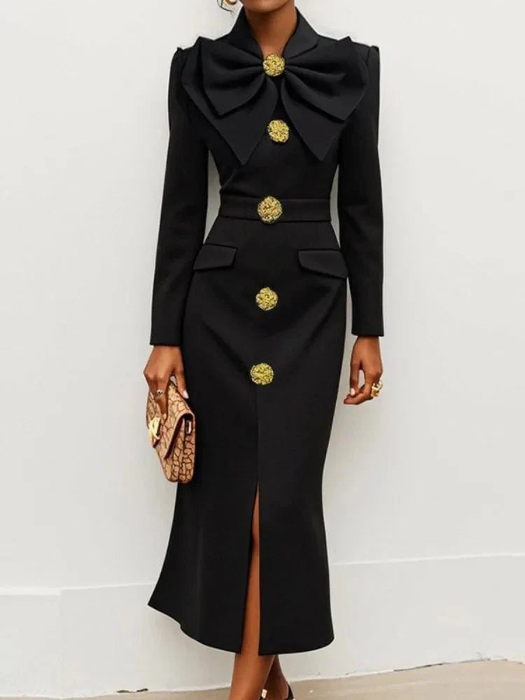 Freeacy women's formal evening dress with bow tie, long sleeves, slim fit, ankle-length for stylish party occasions.
