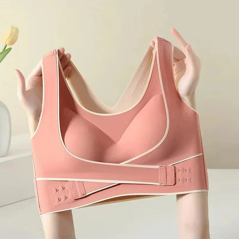 Showlu Fashion Store Ailanmeidie seamless front buckle bra, wire-free, thin sports underwear with adjustable fit and back seam design.