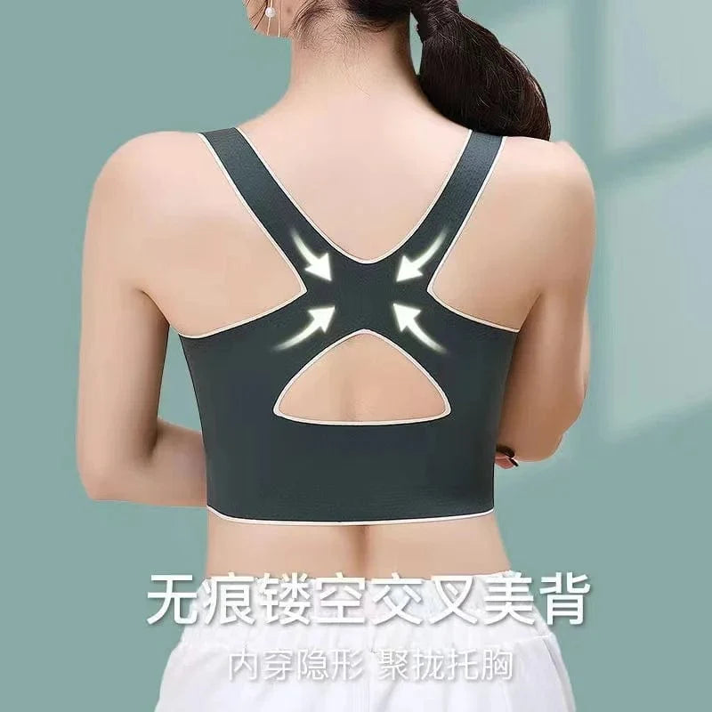 Ailanmeidie Seamless Front Buckle Bra by Showlu Fashion, wire-free sports bra with front buckle, seamless design, large size, and adjustable fit.