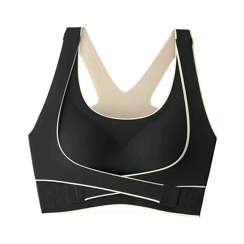 Ailanmeidie seamless front buckle sports bra by Showlu Fashion, wire-free, thin, with adjustable straps and smooth back design.