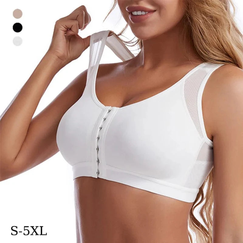 Showlu Women's front closure posture corrector bra with seamless push-up design and cross-back support for fitness and everyday wear.