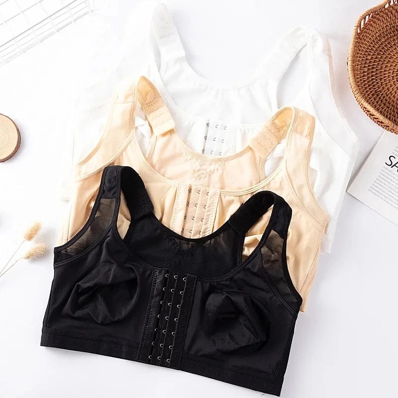 Showlu Women's front closure posture corrector bra with seamless push-up design, cross-back support, ideal for fitness and everyday wear.