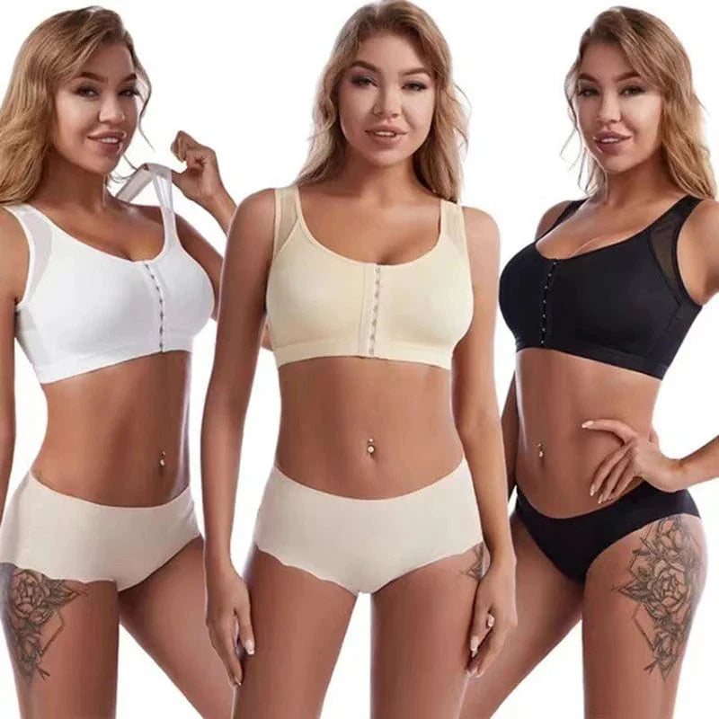 Showlu Women's front closure posture corrector bra with seamless push-up design, cross-back support, and shockproof fit.