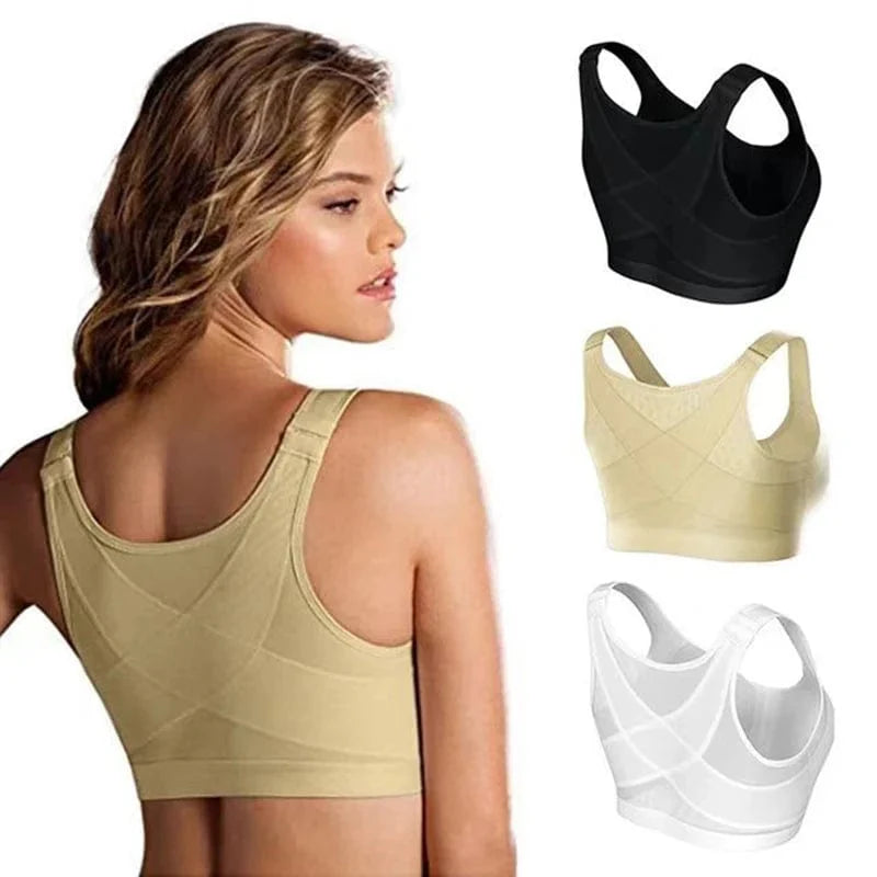 Showlu Women's front closure posture corrector bra with seamless push-up design, cross-back support, ideal for fitness and daily wear.