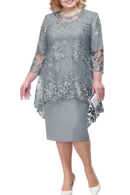 Plus size women's lace embroidery evening gown by SHOWLU FASHION, A-line midi dress with high waist and elegant round neckline.