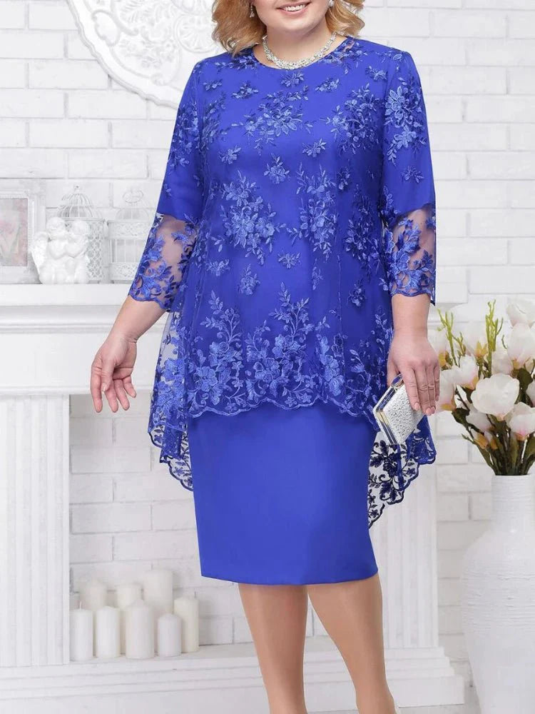 Plus size women's lace embroidery evening gown by SHOWLU FASHION, solid color, round neck, high waist, A-line midi dress.