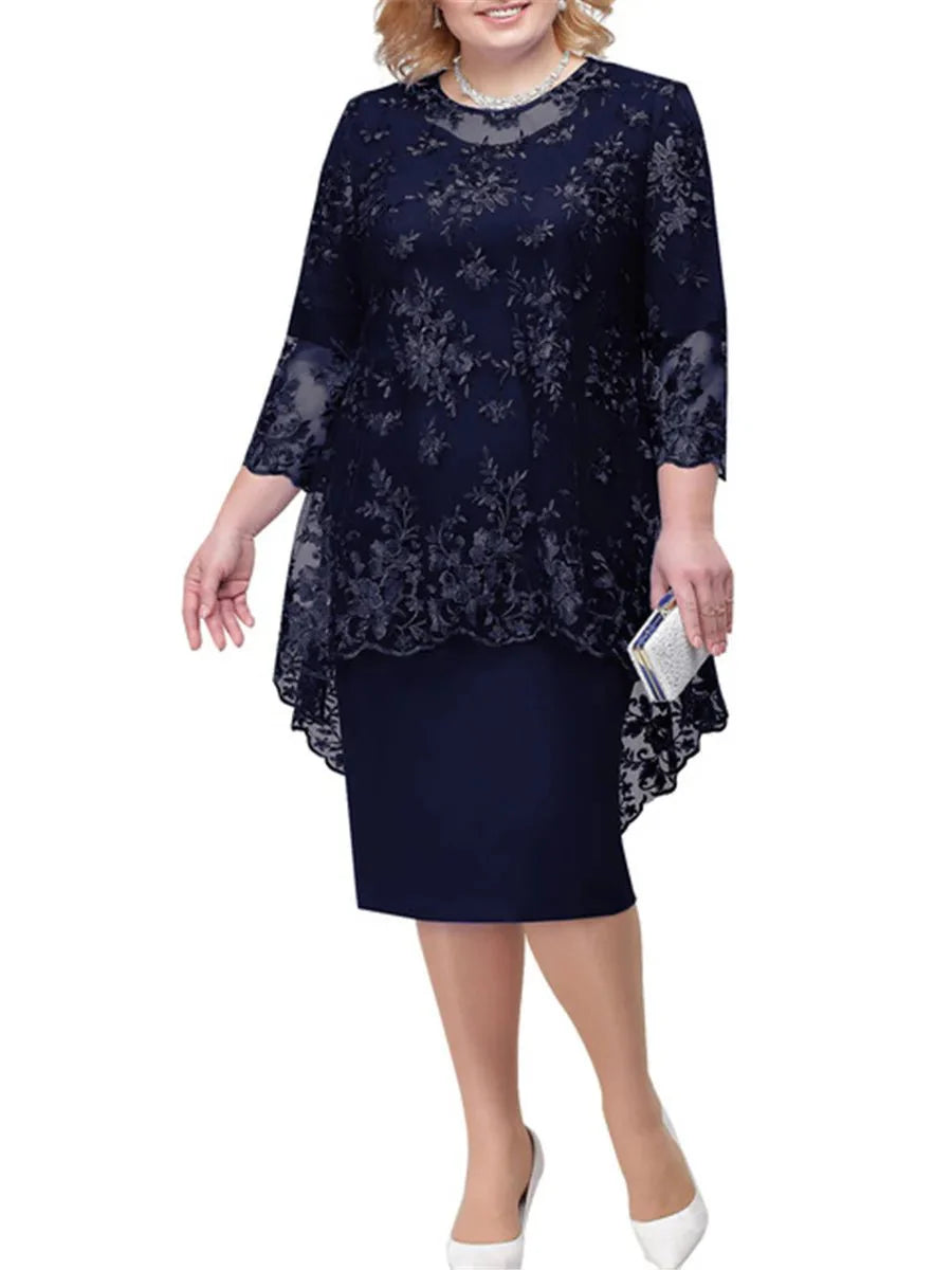 Plus size women's lace embroidery evening gown by SHOWLU FASHION, featuring an A-line midi dress with a high waist and round neck.