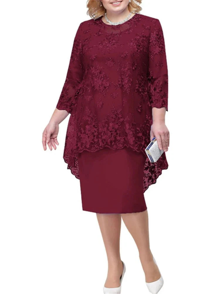 Plus size women's lace embroidery evening gown by SHOWLU FASHION, A-line midi dress with round neck and high waist, elegant and slim fit.