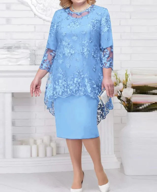 Plus size women's lace embroidery evening gown by SHOWLU FASHION, A-line midi dress with high waist and round neckline.