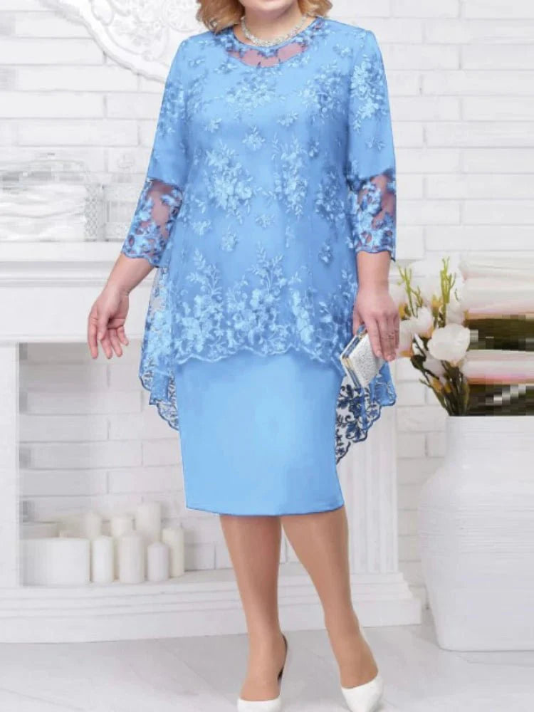 Plus size women's lace embroidery evening gown by SHOWLU FASHION, solid color A-line midi dress with round neck and high waist.