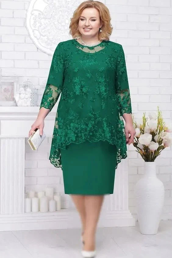 Plus size women's lace embroidery evening gown by SHOWLU FASHION, solid color A-line midi dress with high waist and round neckline.