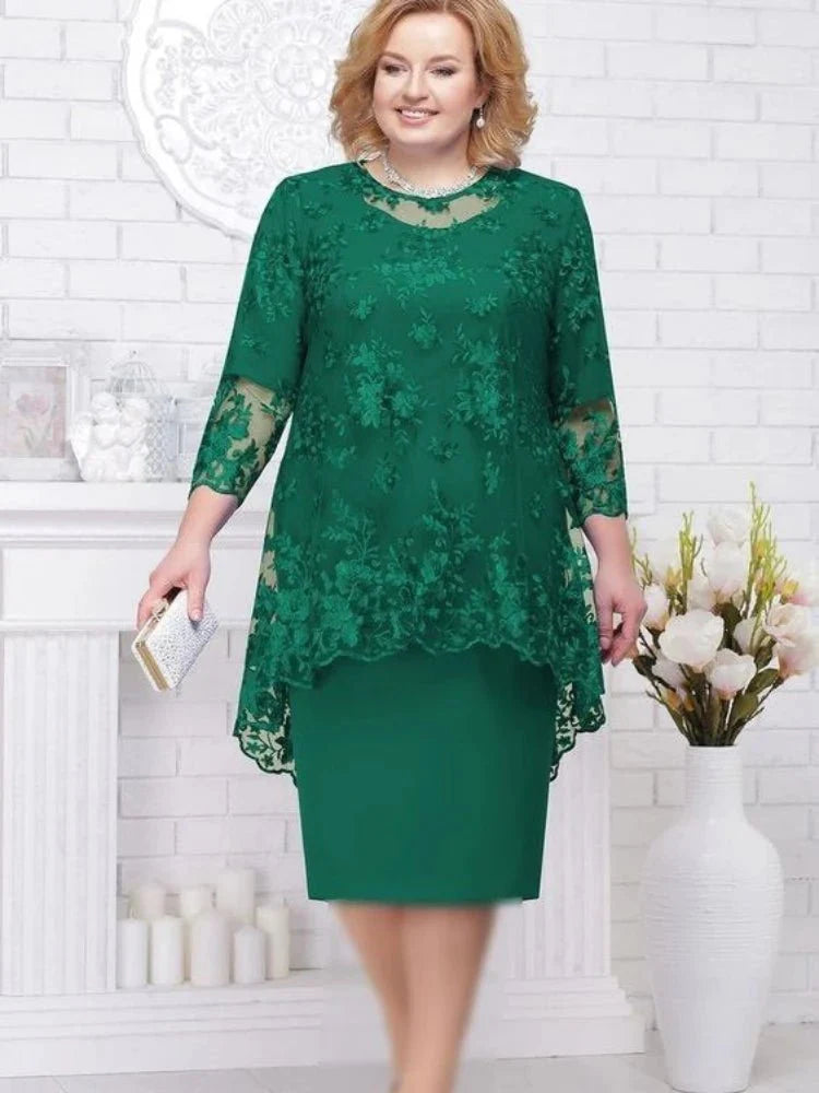 Plus size women's lace embroidery evening gown by SHOWLU FASHION, solid-color A-line midi dress with round neck and high waist.