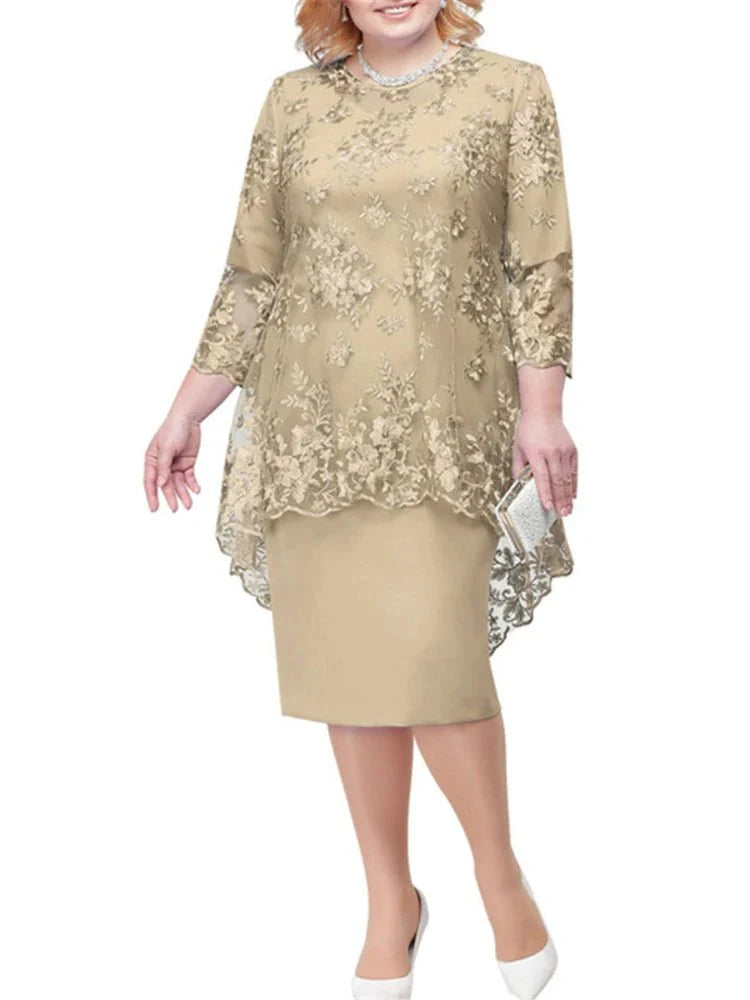 Plus size women's lace embroidery evening gown by SHOWLU FASHION, A-line midi dress with high waist and elegant round neck.