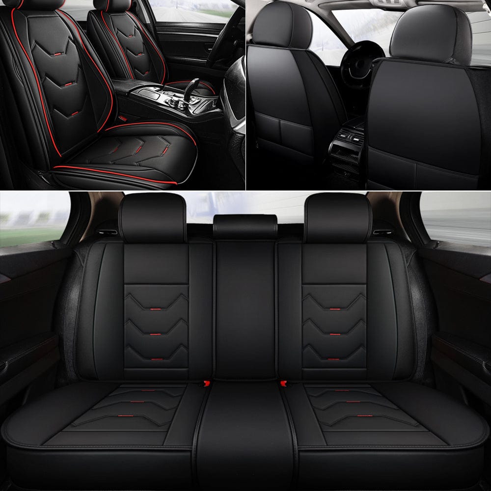 Showlu Faux Leather Car Seat Covers set for five seats, waterproof, adjustable, full set, universal fit for sedans and trucks.