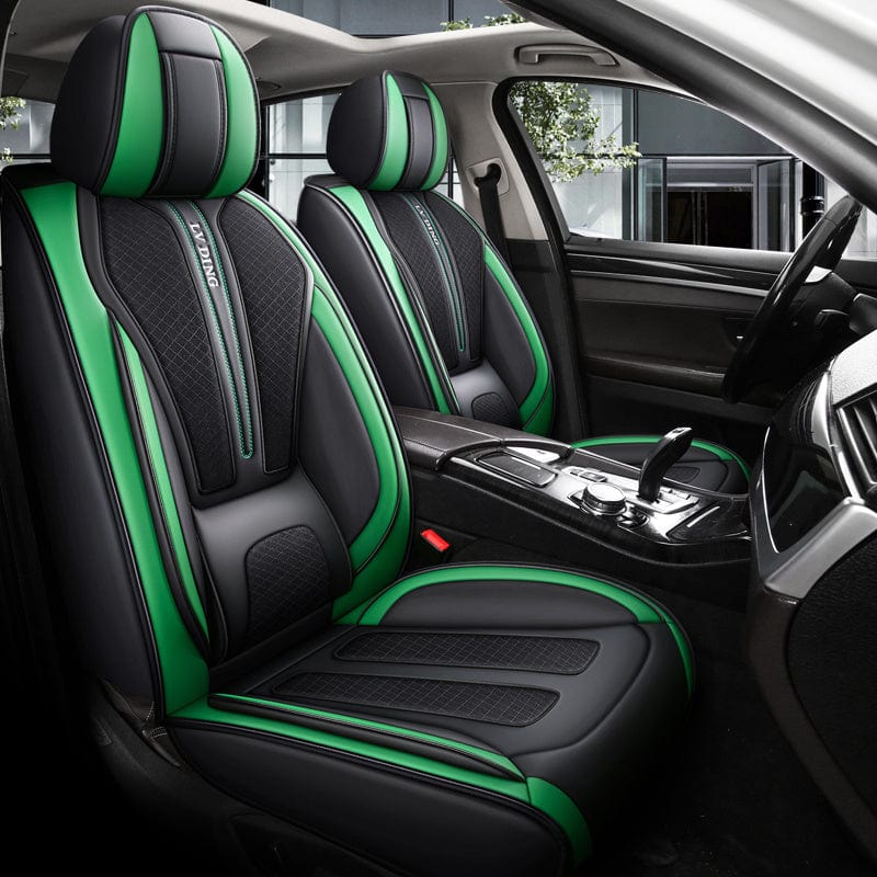 Showlu Universal Car Seat Covers set featuring breathable mesh, full coverage, lumbar support, and sporty design for all-season protection.