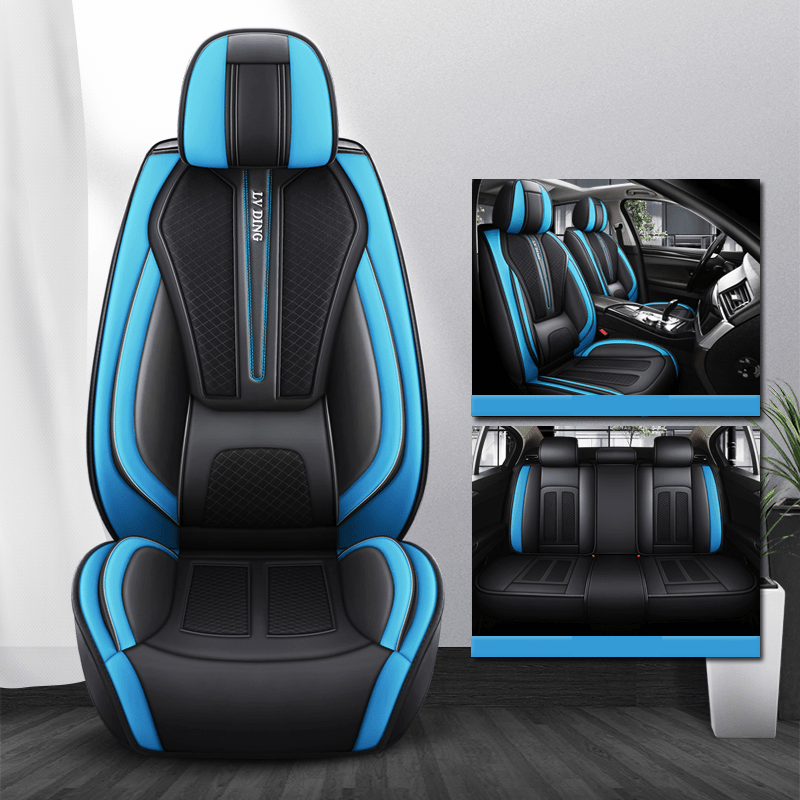 Showlu Universal Car Seat Covers set with breathable mesh fabric, full coverage, lumbar support, and sporty design for all-season protection.