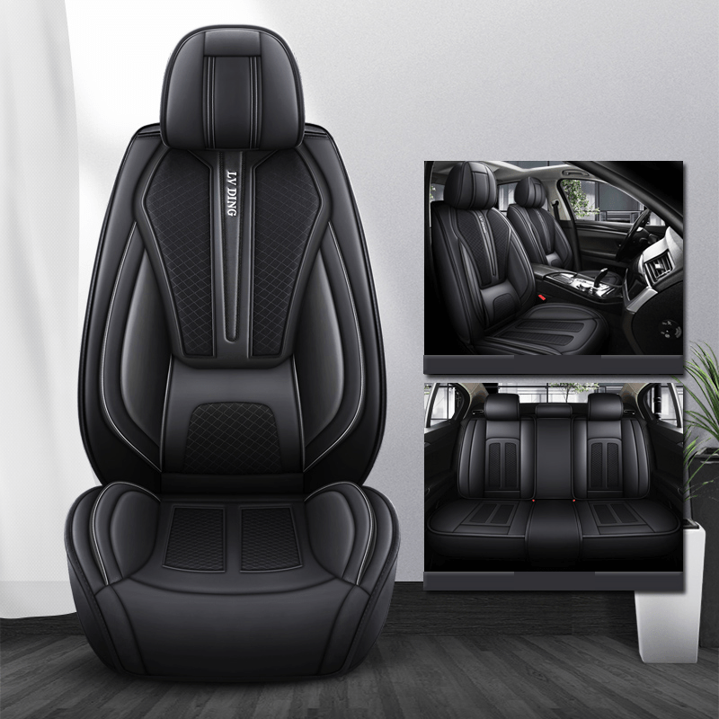 Showlu Universal Car Seat Covers set with breathable mesh fabric, full coverage, sporty style, lumbar support, and automotive protection.