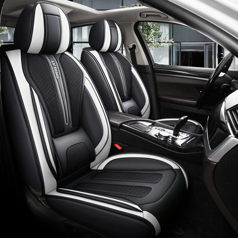 Showlu Universal Car Seat Covers set with breathable mesh fabric, full coverage, sporty style, and lumbar support for all-season protection.