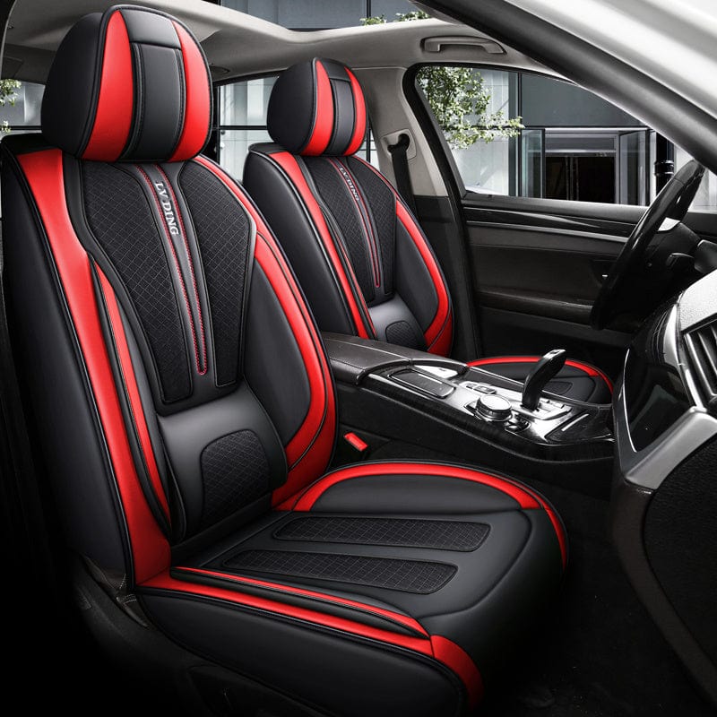 Showlu universal car seat covers set with breathable mesh fabric, full coverage, lumbar support, and sporty style for all-season protection.