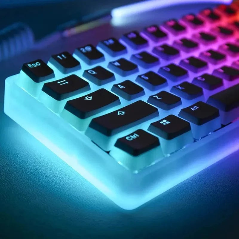 Pink double shot PBT pudding keycaps set for mechanical keyboards, featuring translucent OEM design with 108 keys.
