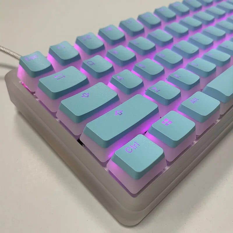 Pink double shot PBT pudding keycaps set for mechanical keyboards, featuring translucent OEM design and 108 keys for DIY gaming setups.