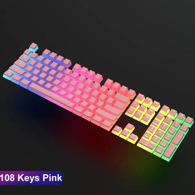 Pink double shot PBT pudding keycaps set for mechanical keyboards, featuring translucent OEM design and 108 keys.