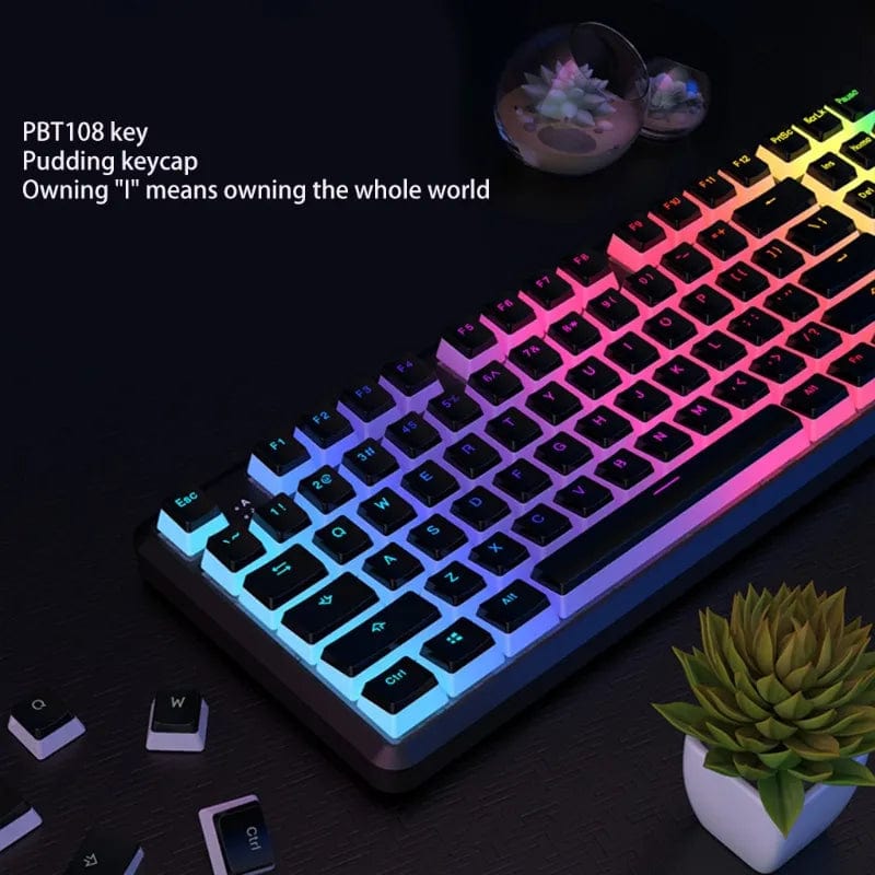 Pink double shot PBT pudding keycaps set for mechanical keyboards, featuring translucent OEM design with 108 keys.