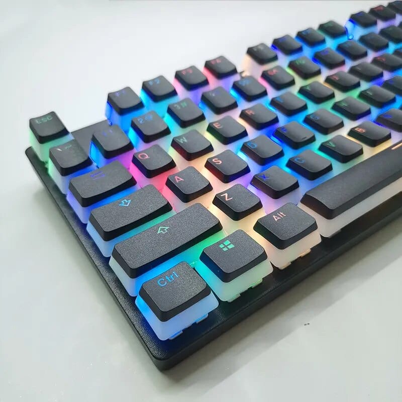 Pink double shot PBT pudding keycaps set for mechanical keyboards, featuring translucent OEM design with 108 keys.
