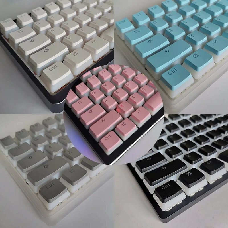 Pink double shot PBT pudding keycaps set for mechanical keyboards, featuring translucent OEM-style keycaps with 108 keys.