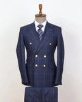 NCDIMS men's 2-piece plaid suit with skinny fit double-breasted blazer, gold buttons, and matching pants, suitable for formal occasions