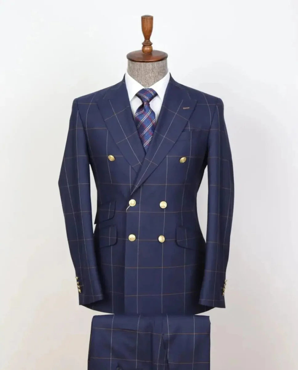 NCDIMS men's 2-piece plaid suit with skinny fit double-breasted blazer, gold buttons, and matching pants, suitable for formal occasions