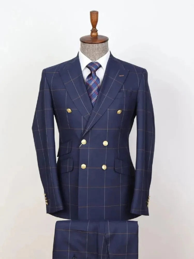 Men's plaid 2-piece suit with double-breasted blazer, gold buttons, and tailored fit, ideal for weddings or formal occasions.