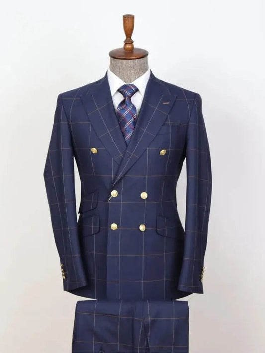 Gentle New Arrival Men Suit Tailor - Made 2 Pieces Plaid Gold Buttons Blazer Pants Double Breasted Wedding Groom Prom Tailored - SHOWLU FASHION STORE