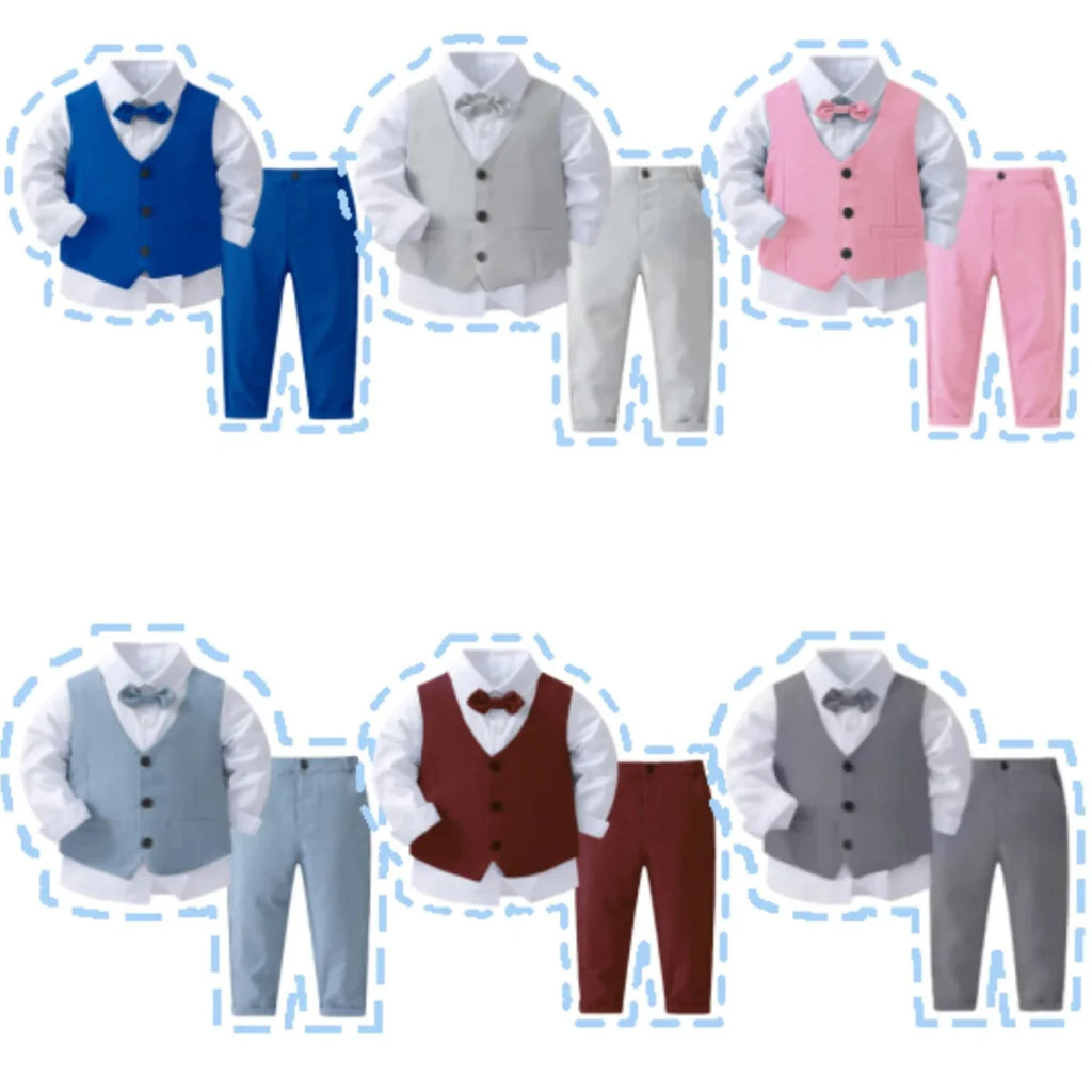 Boy wearing Showlu Fashion Kabeier Boys Gentleman Suit, 4-piece cotton formal outfit with vest and jacket for kids' special occasions.