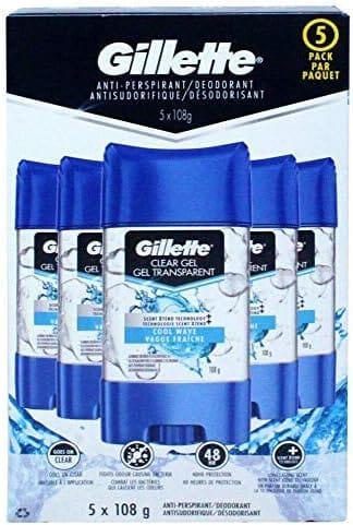 Set of five Gillette Endurance Cool Wave clear gel deodorants in 3.8 oz bottles, paraben-free, for men’s freshness and odor protection.