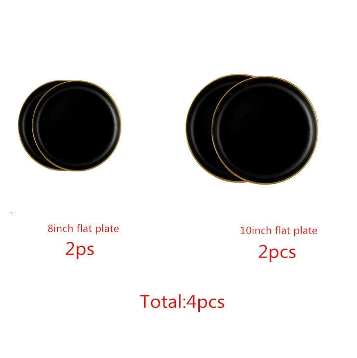 Showlu Black Porcelain Dinner Plates with Gilt Rim, ceramic tableware for salads, rice, and noodles, set with cutlery.
