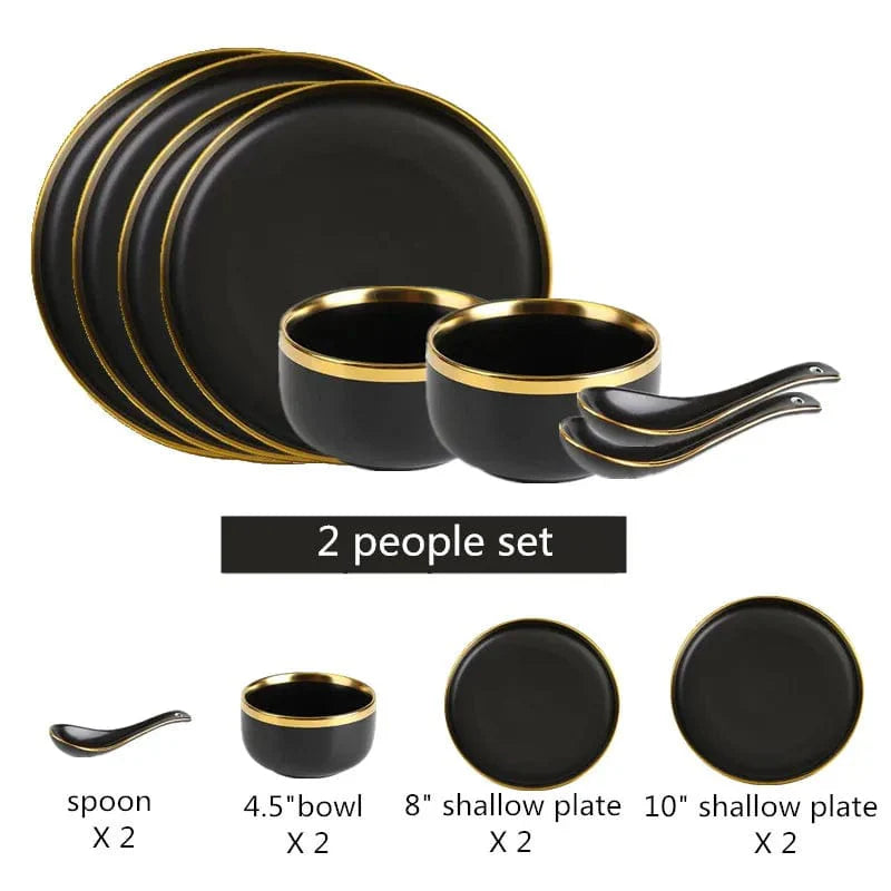 Showlu black porcelain dinner plates with gold rim, part of ceramic tableware set for serving food like salads, rice, and noodles.