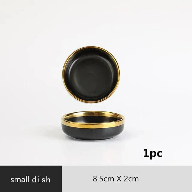 Showlu Black Porcelain Dinner Plates with Gilt Rim, ceramic tableware set for salads, rice, and noodles, includes bowls and cutlery