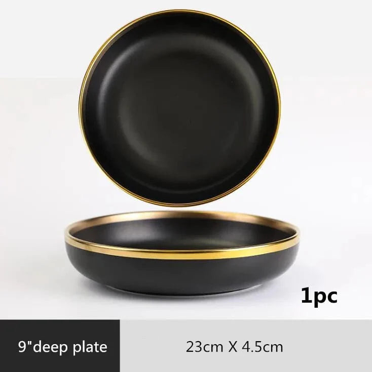 Showlu Black Porcelain Dinner Plates with Gilt Rim, part of ceramic tableware set for serving food like rice, salad, and noodles.