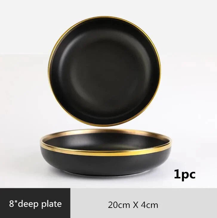 Showlu Black Porcelain Dinner Plates with Gilt Rim, ceramic tableware set for food, rice, salad, and noodle dishes.